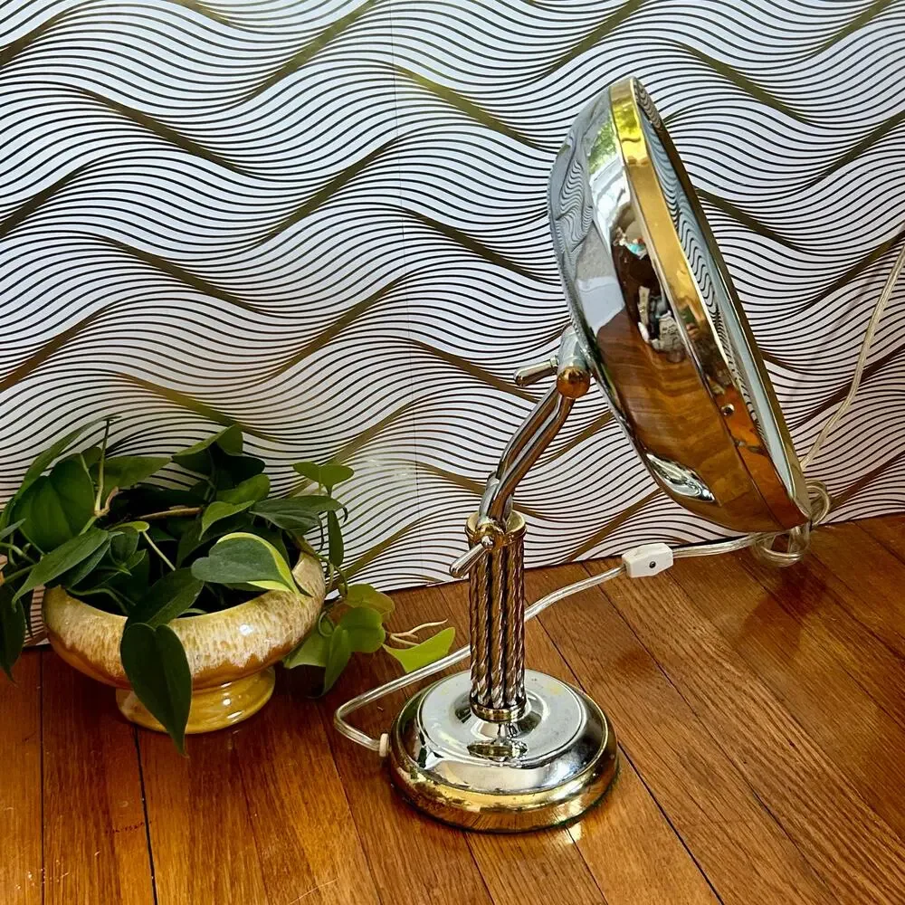 Vintage Cane & Reed Round Lighted Adjustable Make-Up Mirror with Twisted Stem